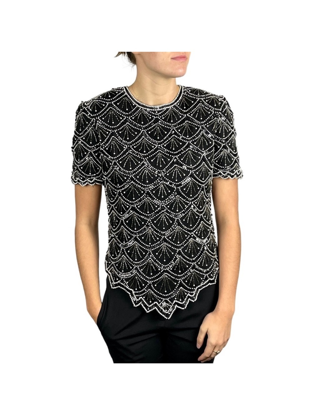 Papell Boutique Evening Vintage Beaded Sequin Black Top Short Sleeve Art Deco L